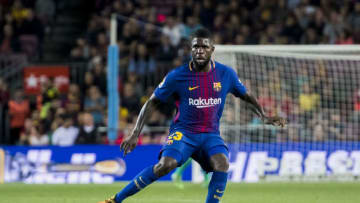 BARCELONA, SPAIN - OCTOBER 21: Samuel Umtiti of FC Barcelona in action during the La Liga 2017-18 match between FC Barcelona and Malaga CF at Camp Nou on 21 October 2017 in Barcelona, Spain. (Photo by Power Sport Images/Getty Images)