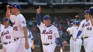 Sep 29, 2013; New York, NY, USA; New York Mets manager Terry Collins (10) waves to the fans after a game at Citi Field. The Mets won 3-2. Mandatory Credit: Brad Penner-USA TODAY Sports