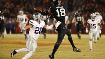 AMES, IA - NOVEMBER 24: Defensive back Denzel Goolsby #20 of the Kansas State Wildcats breaks up a pass mean for wide receiver Hakeem Butler #18 of the Iowa State Cyclones in the first half of play at Jack Trice Stadium on November 24, 2018 in Ames, Iowa. (Photo by David Purdy/Getty Images)