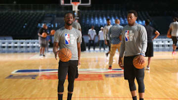 JOHANNESBURG, SOUTH AFRICA - AUGUST 4: Kemba Walker and Kyle Lowry of Team World practices for the 2017 Africa Game as part of the Basketball Without Borders Africa at the Ticketpro Dome on August 4, 2017 in Gauteng province of Johannesburg, South Africa. NOTE TO USER: User expressly acknowledges and agrees that, by downloading and or using this photograph, User is consenting to the terms and conditions of the Getty Images License Agreement. Mandatory Copyright Notice: Copyright 2017 NBAE (Photo by Nathaniel S. Butler/NBAE via Getty Images)