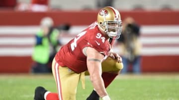 December 20, 2014; Santa Clara, CA, USA; San Francisco 49ers defensive end Justin Smith (94) during the fourth quarter against the San Diego Chargers at Levi