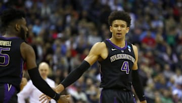 COLUMBUS, OHIO - MARCH 22: Matisse Thybulle #4 of the Washington Huskies celebrates with Jaylen Nowell #5 as they take on the Utah State Aggies during the second half of the game in the first round of the 2019 NCAA Men's Basketball Tournament at Nationwide Arena on March 22, 2019 in Columbus, Ohio. The Washington Huskies won 78-61. (Photo by Gregory Shamus/Getty Images)