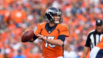 Oct 30, 2016; Denver, CO, USA; Denver Broncos quarterback Trevor Siemian (13) prepares to pass the ball n the first quarter against the San Diego Chargers at Sports Authority Field at Mile High. Mandatory Credit: Ron Chenoy-USA TODAY Sports