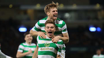 GLASGOW, SCOTLAND - NOVEMBER 26: James Forrest of Celtic celebrates his goal (Celtics 1st)with Stuart Armstrong during the Betfred Cup Final at Hampden Park on November 26, 2017 in Glasgow, Scotland. (Photo by Steve Welsh/Getty Images)
