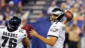 Aug 27, 2016; Indianapolis, IN, USA; Philadelphia Eagles quarterback Sam Bradford (7) drops back to pass in the first half against the Indianapolis Colts at Lucas Oil Stadium. Mandatory Credit: Thomas J. Russo-USA TODAY Sports