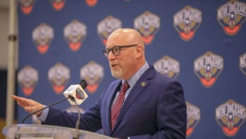 METAIRIE, LA - MARCH 14: David Griffin, Executive Vice President of Basketball Operations for the New Orleans Pelicans, talks to the media during an introductory press conference on April 17, 2019 at Ochsner Sports Performance Center in Metairie, Louisiana. NOTE TO USER: User expressly acknowledges and agrees that, by downloading and or using this Photograph, user is consenting to the terms and conditions of the Getty Images License Agreement. Mandatory Copyright Notice: Copyright 2019 NBAE (Photo by Layne Murdoch Jr./NBAE via Getty Images)