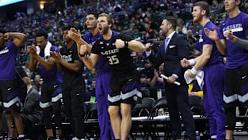 Dec 17, 2016; Denver, CO, USA; Members of the Kansas State Wildcats react to a score in the second half against the Colorado State Rams at the Pepsi Center. The Wildcats defeated the Rams 89-70. Mandatory Credit: Ron Chenoy-USA TODAY Sports