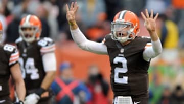 Dec 14, 2014; Cleveland, OH, USA; Cleveland Browns quarterback Johnny Manziel (2) calls a play against the Cincinnati Bengals during the second quarter at FirstEnergy Stadium. Mandatory Credit: Ken Blaze-USA TODAY Sports
