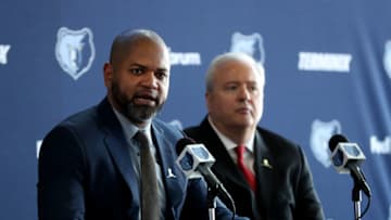 MEMPHIS, TN - MAY 2: J.B. Bickerstaff, Head coach of the Memphis Grizzlies and General Manger Chris Wallace of the Memphis Grizzlies address the media during a Press Conference on May 2, 2018 at FedExForum in Memphis, Tennessee. NOTE TO USER: User expressly acknowledges and agrees that, by downloading and or using this photograph, User is consenting to the terms and conditions of the Getty Images License Agreement. Mandatory Copyright Notice: Copyright 2018 NBAE (Photo by Joe Murphy/NBAE via Getty Images)