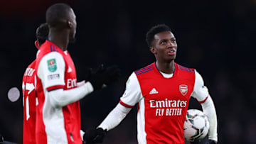 LONDON, ENGLAND - DECEMBER 21: Eddie Nketiah of Arsenal celebrates with the match ball following their side's victory in the Carabao Cup Quarter Final match between Arsenal and Sunderland at Emirates Stadium on December 21, 2021 in London, England. (Photo by Ryan Pierse/Getty Images)