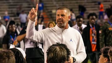 Florida Gators head coach Billy Napier tells how proud he is of his team after Blue beat Orange 34-0 as the Florida Gators scrimmaged themselves during the annual Orange and Blue spring game at Ben Hill Griffin Stadium in Gainesville, FL, Thursday afternoon, April 14, 2022. [Doug Engle/Ocala Star Banner]2022Oca Orangeandbluegame