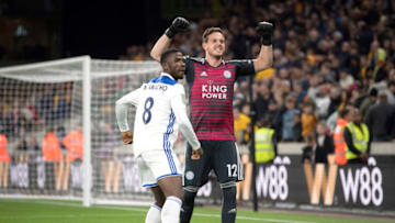WOLVERHAMPTON, ENGLAND - SEPTEMBER 25: Danny Ward of Leicester City and Kelechi Iheanacho of Leicester City celebrate victory in the penalty shoot out after the Carabao Cup Third Round match between Wolverhampton Wanderers and Leicester City at Molineux on September 25, 2018 in Wolverhampton, England. (Photo by Michael Regan/Getty Images)
