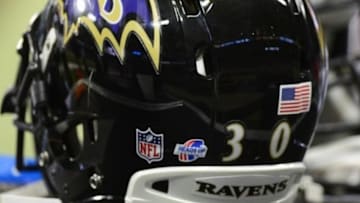 Aug 29, 2013; St. Louis, MO, USA; Baltimore Ravens running back Bernard Pierce (30) helmet sits on a locker during the second half against the St. Louis Rams at Edward Jones Dome. St. Louis defeated Baltimore 24-21. Mandatory Credit: Jeff Curry-USA TODAY Sports