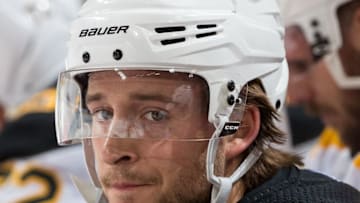 DETROIT, MI - FEBRUARY 06: Ryan Spooner #51 of the Boston Bruins watches the action from the bench against the Detroit Red Wings during an NHL game at Little Caesars Arena on February 6, 2018 in Detroit, Michigan. The Bruins defeated the Wings 3-2. (Photo by Dave Reginek/NHLI via Getty Images)