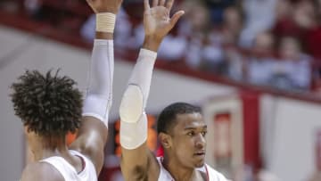 BLOOMINGTON, IN - MARCH 02: Justin Smith #3 of the Indiana Hoosiers and Devonte Green #11 of the Indiana Hoosiers congratulate near the end of the game against the Michigan State Spartans at Assembly Hall on March 2, 2019 in Bloomington, Indiana. (Photo by Michael Hickey/Getty Images)