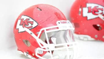 Dec 8, 2013; Landover, MD, USA; General view of Kansas City Chiefs helmet before the game against the Washington Redskins at FedEx Field. Mandatory Credit: Brad Mills-USA TODAY Sports