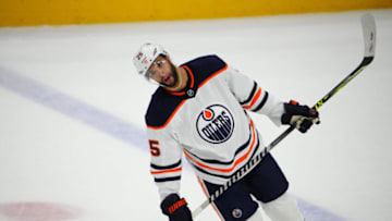 Jun 2, 2022; Denver, Colorado, USA; Edmonton Oilers defenseman Darnell Nurse (25) reacts to missing a shot on the Colorado Avalanche in the second period of game two of the Western Conference Final of the 2022 Stanley Cup Playoffs at Ball Arena. Mandatory Credit: Ron Chenoy-USA TODAY Sports