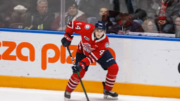 OSHAWA, ON - JANUARY 19: Brett Harrison #44 of the Oshawa Generals skates with the puck during an OHL game against the Ottawa 67's at the Tribute Communities Centre on January 19, 2020 in Oshawa, Ontario, Canada. (Photo by Chris Tanouye/Getty Images)