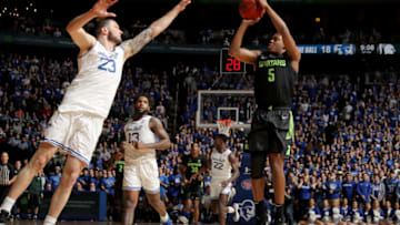 NEWARK, NEW JERSEY - NOVEMBER 14: Cassius Winston #5 of the Michigan State Spartans takes a shot as Sandro Mamukelashvili #23 of the Seton Hall Pirates defends in the first half at Prudential Center on November 14, 2019 in Newark, New Jersey. (Photo by Elsa/Getty Images)