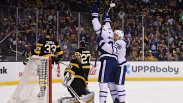 Dec 10, 2016; Boston, MA, USA; Toronto Maple Leafs right wing Nikita Soshnikov (26) celebrates with left wing James van Riemsdyk (25) after scoring a goal during the third period against the Boston Bruins at TD Garden. Mandatory Credit: Bob DeChiara-USA TODAY Sports