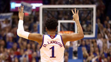 LAWRENCE, KANSAS - JANUARY 21: Dedric Lawson #1 of the Kansas Jayhawks reacts after making a three-pointer during the game against the Iowa State Cyclones at Allen Fieldhouse on January 21, 2019 in Lawrence, Kansas. (Photo by Jamie Squire/Getty Images)