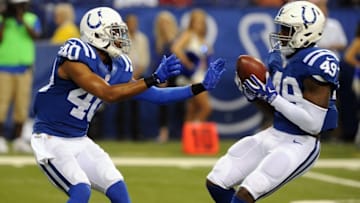 Sep 3, 2015; Indianapolis, IN, USA; Indianapolis Colts players Sheldon Price (40) and Amarlo Herrera (49) during their game against the Cincinnati Bengals at Lucas Oil Stadium. Mandatory Credit: Thomas J. Russo-USA TODAY Sports