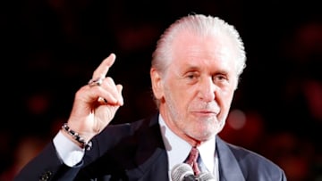 Miami Heat president Pat Riley addresses the crowd during Chris Bosh's jersey retirement ceremony (Photo by Michael Reaves/Getty Images)