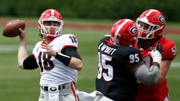 Georgia football quarterback JT Daniels and guard Tate Ratledge. (Joshua L. Jones, Athens Banner-Herald)