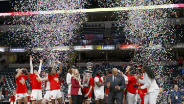 INDIANAPOLIS, INDIANA - MARCH 08: The Maryland Terrapins celebrate winning the Big Ten Women's Championship Game over the Ohio State Buckeyes at Bankers Life Fieldhouse on March 08, 2020 in Indianapolis, Indiana. (Photo by Justin Casterline/Getty Images)