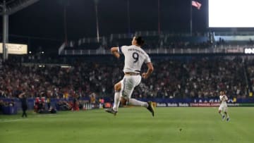 CARSON, CA - JULY 04: Zlatan Ibrahimovic of LA Galaxy celebrates after scoring a goal to make it 2-0 whilst wearing a shirt in the second half with his name spelt incorrectly during the MLS match between Los Angeles Galaxy and Toronto FC at Dignity Health Sports Park on July 4, 2019 in Carson, California. (Photo by Matthew Ashton - AMA/Getty Images)