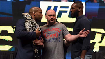 LAS VEGAS, NV - MARCH 04: (L-R) Opponents Daniel Cormier and Jon Jones face off during the UFC Unstoppable launch press conference at the MGM Grand Garden Arena on March 4, 2016 in Las Vegas, Nevada. (Photo by Josh Hedges/Zuffa LLC/Zuffa LLC via Getty Images)