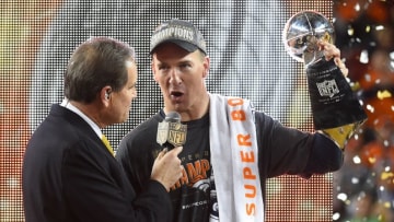 Feb 7, 2016; Santa Clara, CA, USA; Denver Broncos quarterback Peyton Manning (18) reacts after defeating the Carolina Panthers in Super Bowl 50 at Levi