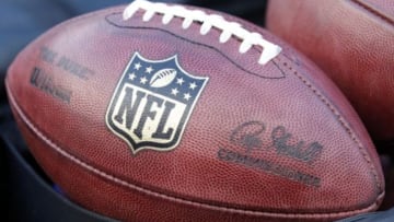 Jan 20, 2013; Foxboro, MA, USA; Detail view of an NFL football before the AFC championship game between the New England Patriots and the Baltimore Ravens at Gillette Stadium. Mandatory Credit: Greg M. Cooper-USA TODAY Sports