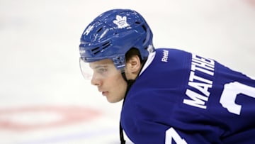 Nov 15, 2016; Toronto, Ontario, CAN; Toronto Maple Leafs center Auston Matthews (34) looks on as he warms up before playing against the Nashville Predators at Air Canada Centre. Mandatory Credit: Tom Szczerbowski-USA TODAY Sports