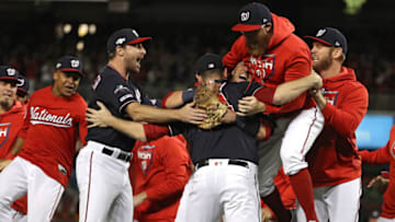 WASHINGTON, DC - OCTOBER 15: The Washington Nationals celebrate winning game four of the National League Championship Series at Nationals Park on October 15, 2019 in Washington, DC. (Photo by Patrick Smith/Getty Images)