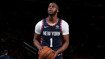 NEW YORK, NY - MARCH 20: Emmanuel Mudiay #1 of the New York Knicks shoots a free-throw against the Utah Jazz on March 20, 2019 at Madison Square Garden in New York City, New York. NOTE TO USER: User expressly acknowledges and agrees that, by downloading and or using this photograph, User is consenting to the terms and conditions of the Getty Images License Agreement. Mandatory Copyright Notice: Copyright 2019 NBAE (Photo by Nathaniel S. Butler/NBAE via Getty Images)