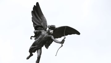 LONDON, ENGLAND - APRIL 18: A face mask is placed on the statue of Eros in Piccadilly Circus by Greenpeace protesters on April 18, 2016 in London, England. The demonstration was to highlight air pollution in Britain and targeted other statues in the city including Queen Victoria opposite Buckingham Palace, Nelson's Column and Eros at Piccadilly Circus. (Photo by Dan Kitwood/Getty Images)
