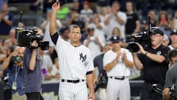 Aug 12, 2016; Bronx, NY, USA; New York Yankees designated hitter Alex Rodriguez (13) tips his cap in a farewell gesture to the fans after the game against the Tampa Bay Rays at Yankee Stadium. New York Yankees won 6-3. Mandatory Credit: Anthony Gruppuso-USA TODAY Sports