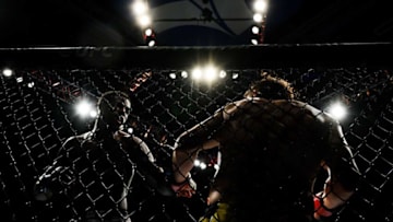 Randy Brown, left, pins Bryan Barberena to the fence during their welterweight bout on UFC Fight Night at the Bon Secours Wellness Arena Saturday, June 22, 2019Jm Ufc 062419 001