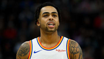 SALT LAKE CITY, UT - DECEMBER 13: D'Angelo Russell #0 of the Golden State Warriors looks on during a game against the Utah Jazz at Vivint Smart Home Arena on December 13, 2019 in Salt Lake City, Utah. NOTE TO USER: User expressly acknowledges and agrees that, by downloading and/or using this photograph, user is consenting to the terms and conditions of the Getty Images License Agreement. (Photo by Alex Goodlett/Getty Images)