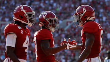 DeVonta Smith, Jaylen Waddle and Jerry Jeudy, Alabama football (Photo by Kevin C. Cox/Getty Images)