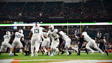 MIAMI, FLORIDA - OCTOBER 11: Miami Hurricanes in action against the Virginia Cavaliers in the half at Hard Rock Stadium on October 11, 2019 in Miami, Florida. (Photo by Mark Brown/Getty Images)