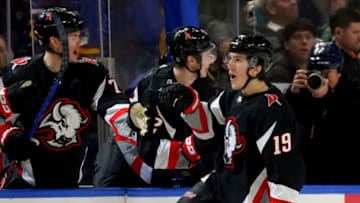 Jan 21, 2023; Buffalo, New York, USA; Buffalo Sabres center Peyton Krebs (19) celebrates his second goal of the game during the third period against the Anaheim Ducks at KeyBank Center. Mandatory Credit: Timothy T. Ludwig-USA TODAY Sports