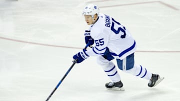 COLUMBUS, OH - DECEMBER 20: Toronto Maple Leafs defenseman Andreas Borgman (55) controls the puck during a game between the Columbus Blue Jackets and the Toronto Maple Leafs on December 20, 2017 at Nationwide Arena in Columbus, OH. The Blue Jackets defeated the Maple Leafs 4-2. (Photo by Adam Lacy/Icon Sportswire via Getty Images)