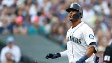 SEATTLE, WASHINGTON - OCTOBER 15: Julio Rodriguez #44 of the Seattle Mariners strikes out during the third inning against the Houston Astros in game three of the American League Division Series at T-Mobile Park on October 15, 2022 in Seattle, Washington. (Photo by Steph Chambers/Getty Images)