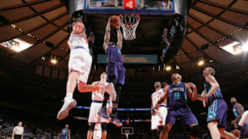 NEW YORK, NY - JANUARY 10: Bismack Biyombo #8 of the Charlotte Hornets goes up for a dunk against the New York Knicks during the game on January 10, 2015 at Madison Square Garden in New York City, New York. NOTE TO USER: User expressly acknowledges and agrees that, by downloading and or using this photograph, User is consenting to the terms and conditions of the Getty Images License Agreement. Mandatory Copyright Notice: Copyright 2015 NBAE (Photo by Nathaniel S. Butler/NBAE via Getty Images)