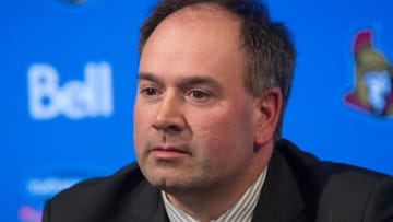 May 9, 2016; Ottawa, Ontario, CAN; Ottawa Senators general manager Pierre Dorion attends a press conference to introduce Guy Boucher as the new head coach of the Senators at the Canadian Tire Centre. Mandatory Credit: Marc DesRosiers-USA TODAY Sports