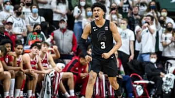 Michigan State's Jaden Akins celebrates after Indiana was called for an illegal screen foul during the second half on Saturday, Feb. 12, 2022, at the Breslin Center in East Lansing.220212 Msu Indiana Bball 215a