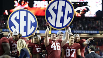 Dec 5, 2015; Atlanta, GA, USA; Alabama Crimson Tide tight end Michael Nysewander (46) celebrates with teammates after defeating the Florida Gators in the 2015 SEC Championship Game at the Georgia Dome. Alabama won 29-15. Mandatory Credit: John David Mercer-USA TODAY Sports