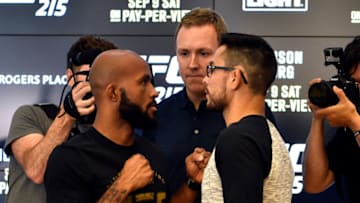 EDMONTON, AB - SEPTEMBER 06: (L-R) UFC flyweight champion Demetrious Johnson and Ray Borg face off for the media during the UFC 215 Ultimate Media Day at Rogers Place on September 6, 2017 in Edmonton, Alberta, Canada. (Photo by Jeff Bottari/Zuffa LLC/Zuffa LLC via Getty Images)